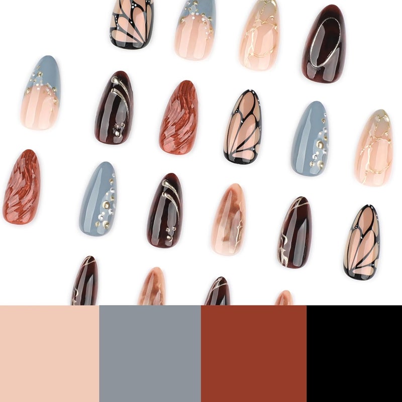 CTTHNBD Press on Nails Almond - Medium Fake Nails with Gold Line Rhinestone Design - Winter False Nails Press Ons - for Women Manicure 24 Pcs - Image 3